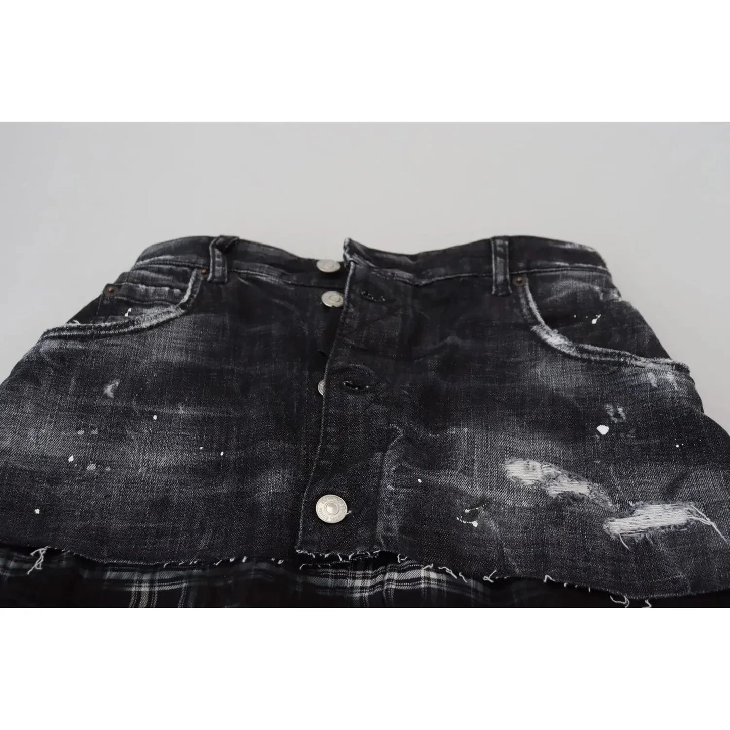 Dsquared² Black Checkered High Waist A-line Denim Mini Skirt SKI1892-38