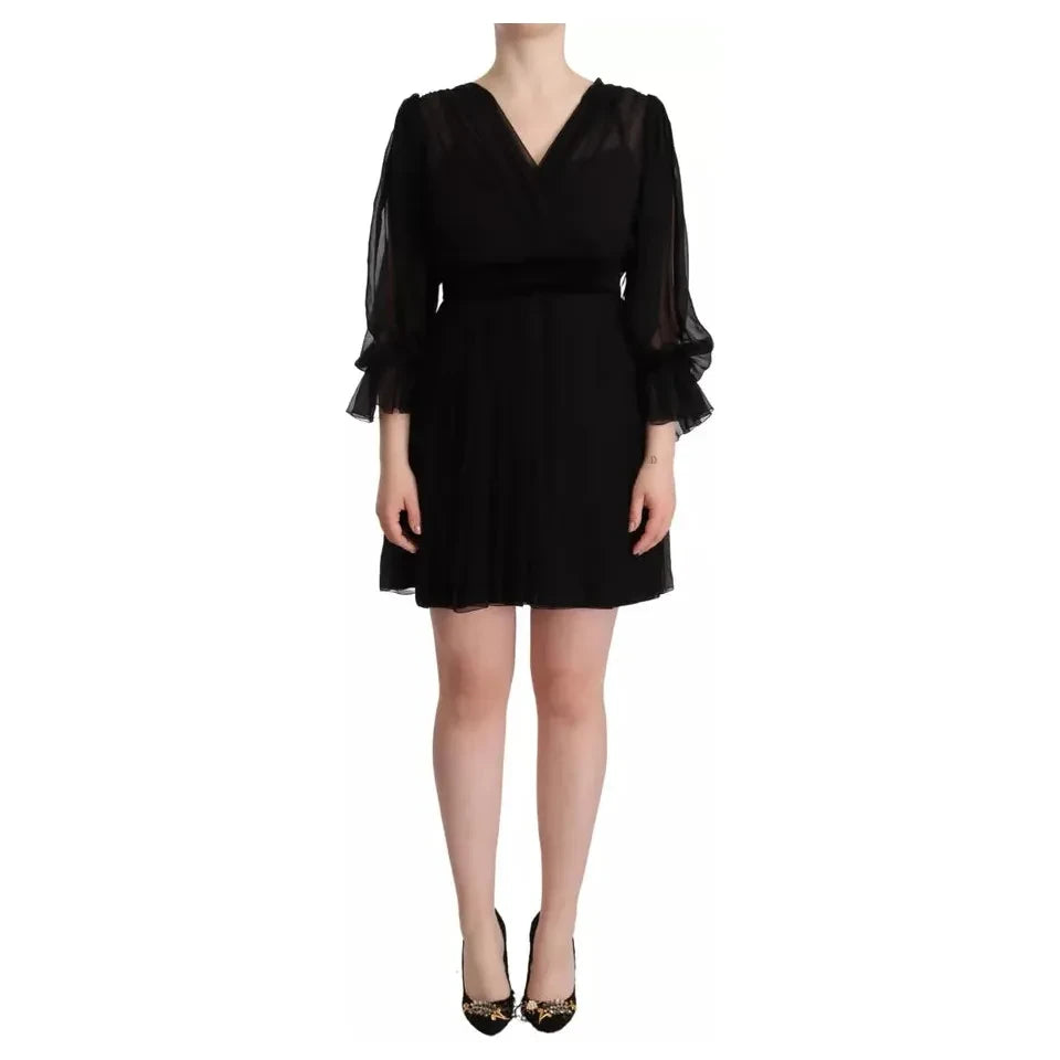 Dolce & Gabbana Black V-neck Long Sleeves Mini A-line Dress DR28646