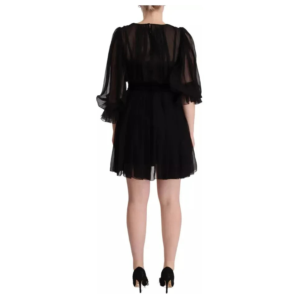 Dolce & Gabbana Black V-neck Long Sleeves Mini A-line Dress DR28646