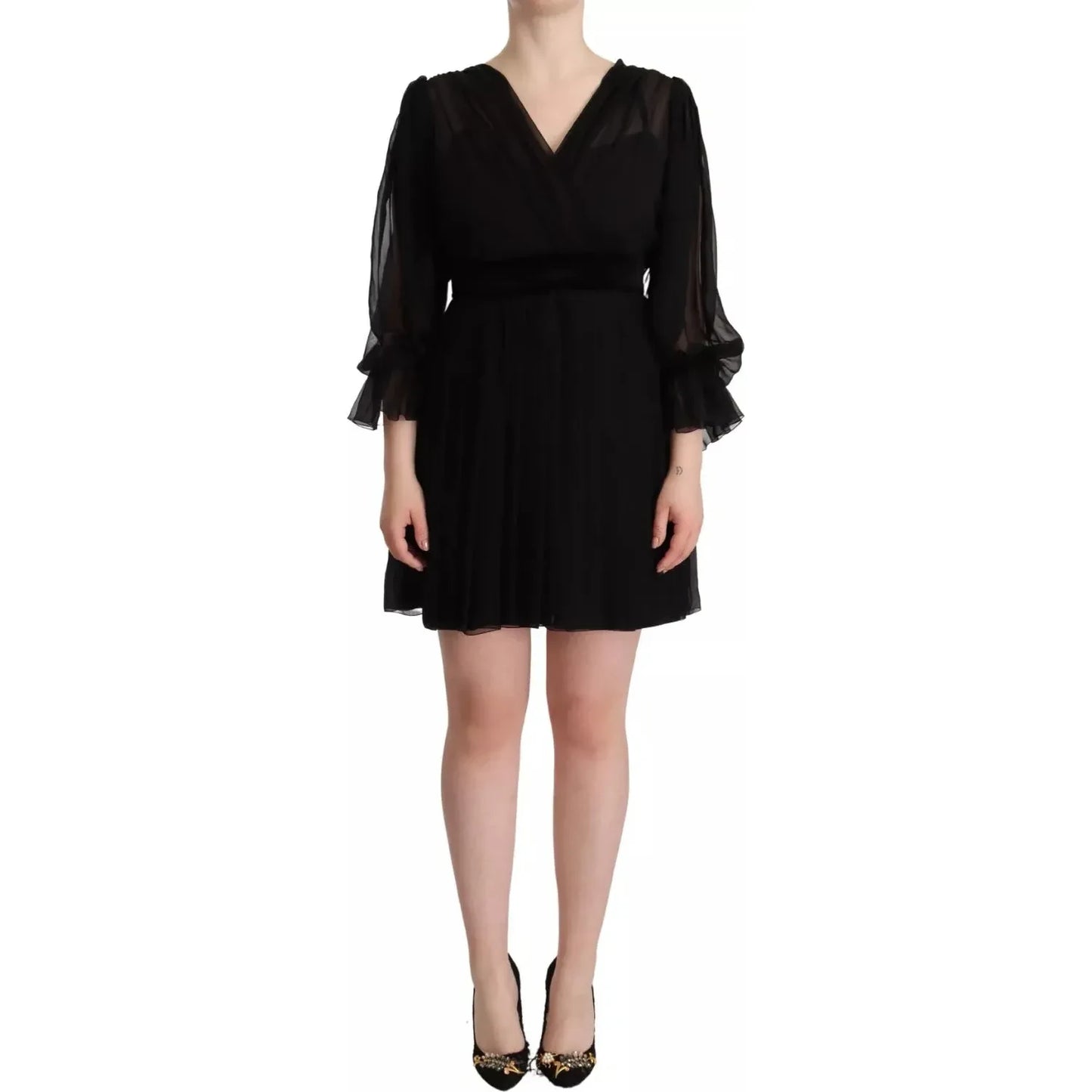 Dolce & Gabbana Black V-neck Long Sleeves Mini A-line Dress DR28646
