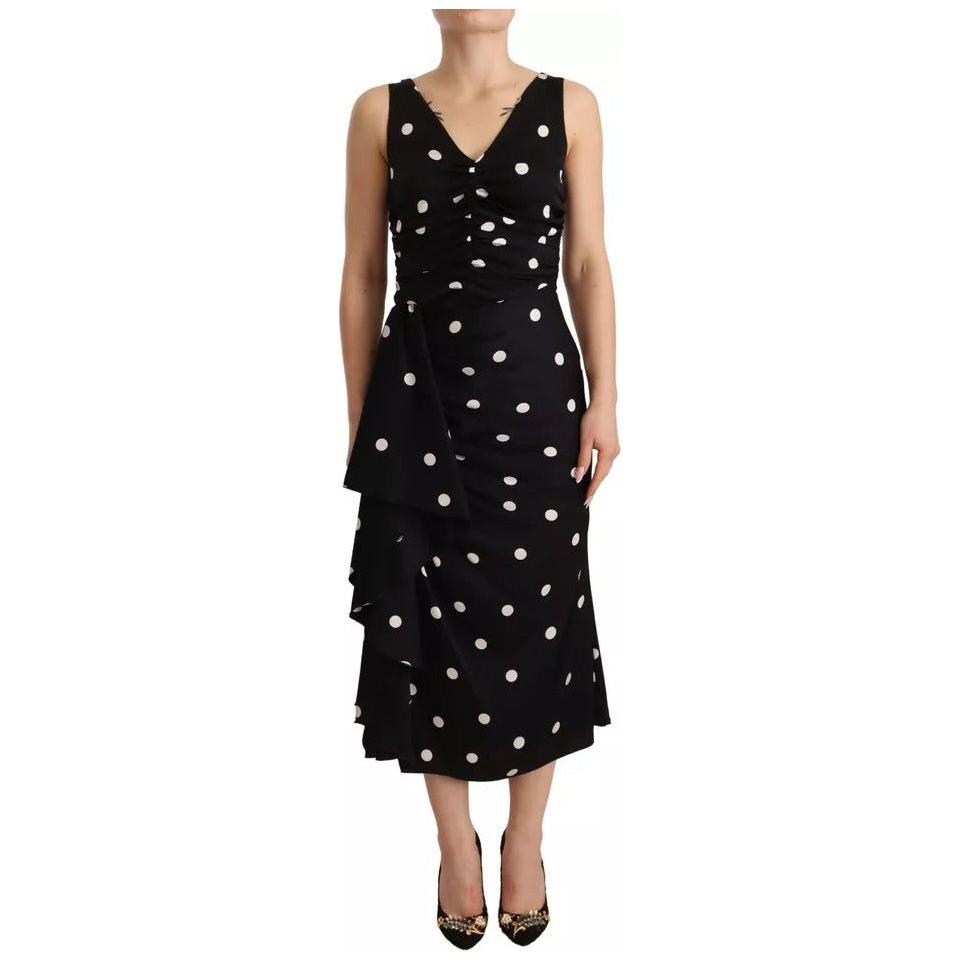 Dolce & Gabbana Black Silk Polka Dots V-neck Sheath Midi Dress DR28296-40