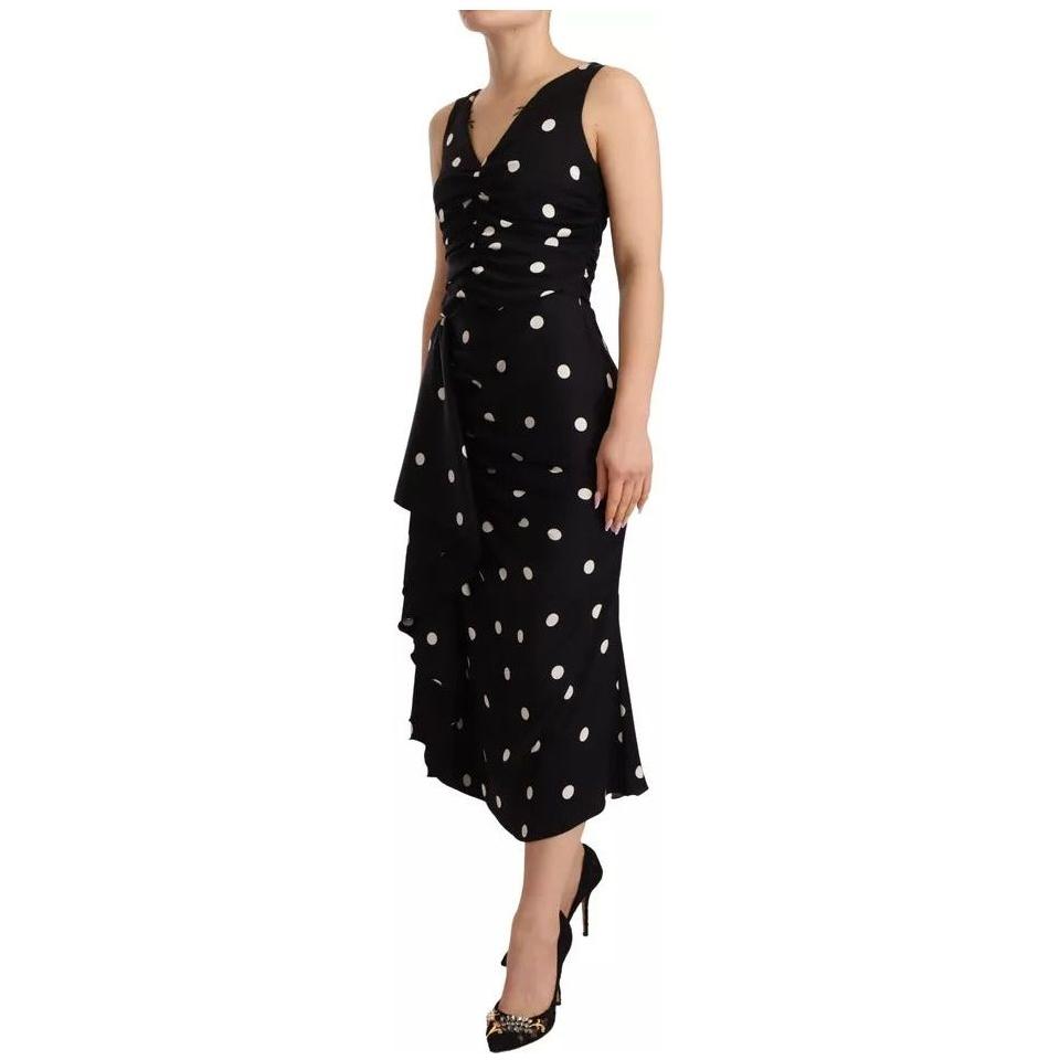 Dolce & Gabbana Black Silk Polka Dots V-neck Sheath Midi Dress DR28296-40