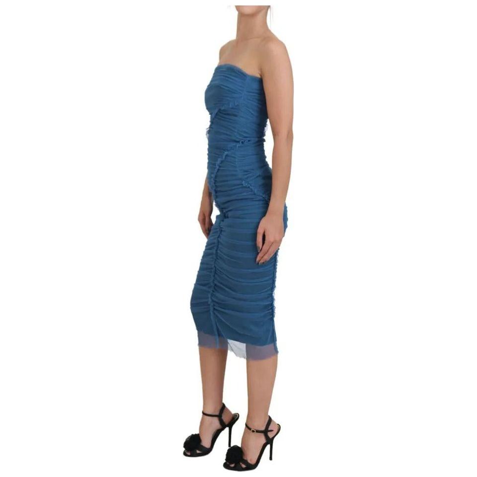Dolce & Gabbana Blue Mesh Trim Ruched Tulle Sheath Dress DR28873-40