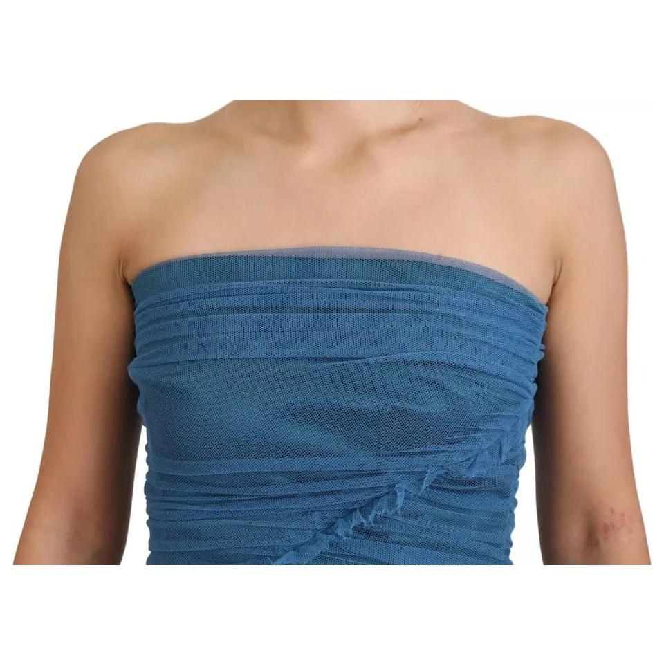 Dolce & Gabbana Blue Mesh Trim Ruched Tulle Sheath Dress DR28873#-40