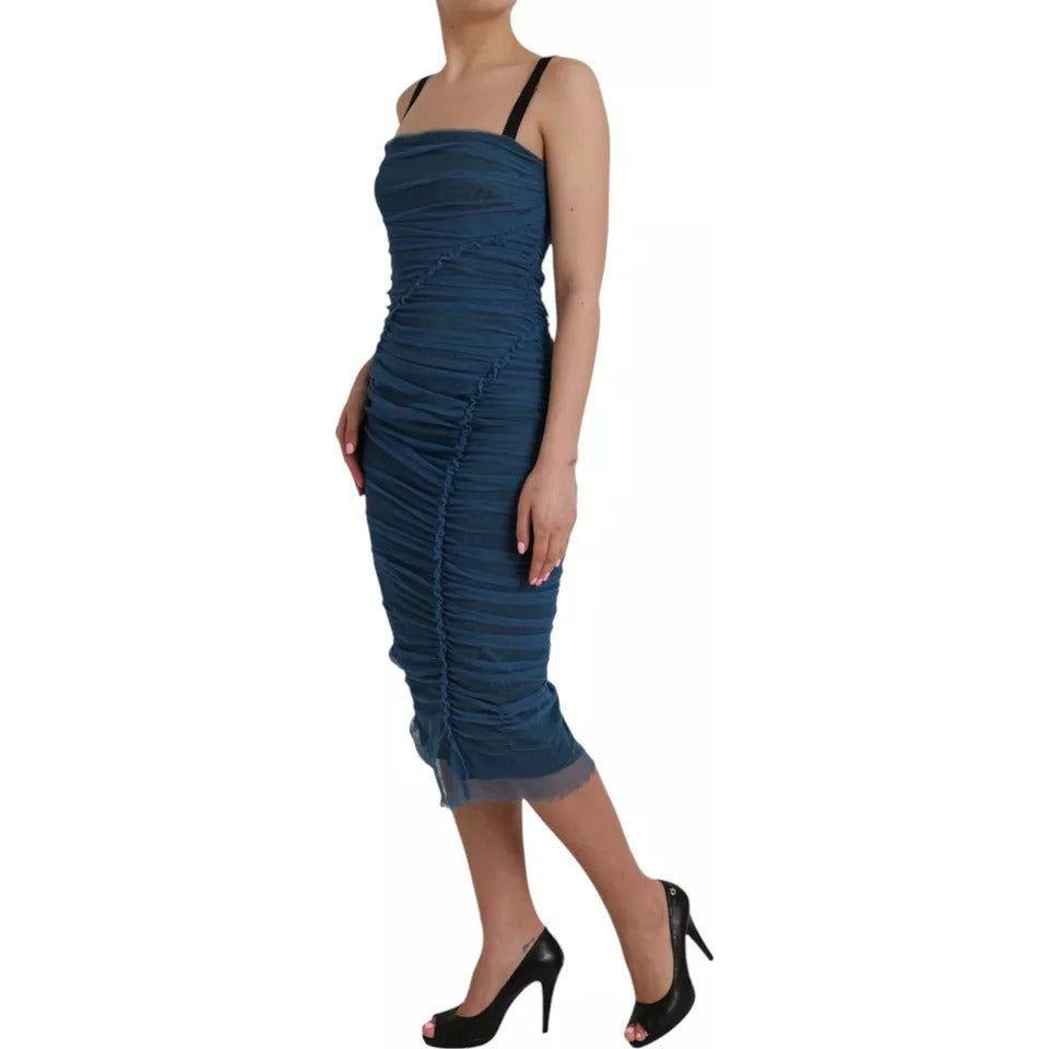 Dolce & Gabbana Blue Mesh Trim Ruched Tulle Sheath Dress DR281189-44