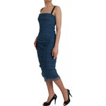 Dolce & Gabbana Blue Mesh Trim Ruched Tulle Sheath Dress DR281189-44