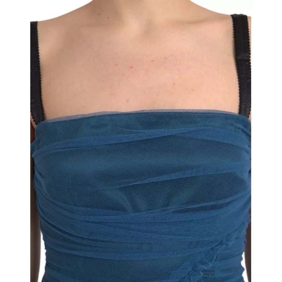Dolce & Gabbana Blue Mesh Trim Ruched Tulle Sheath Dress DR281189-44