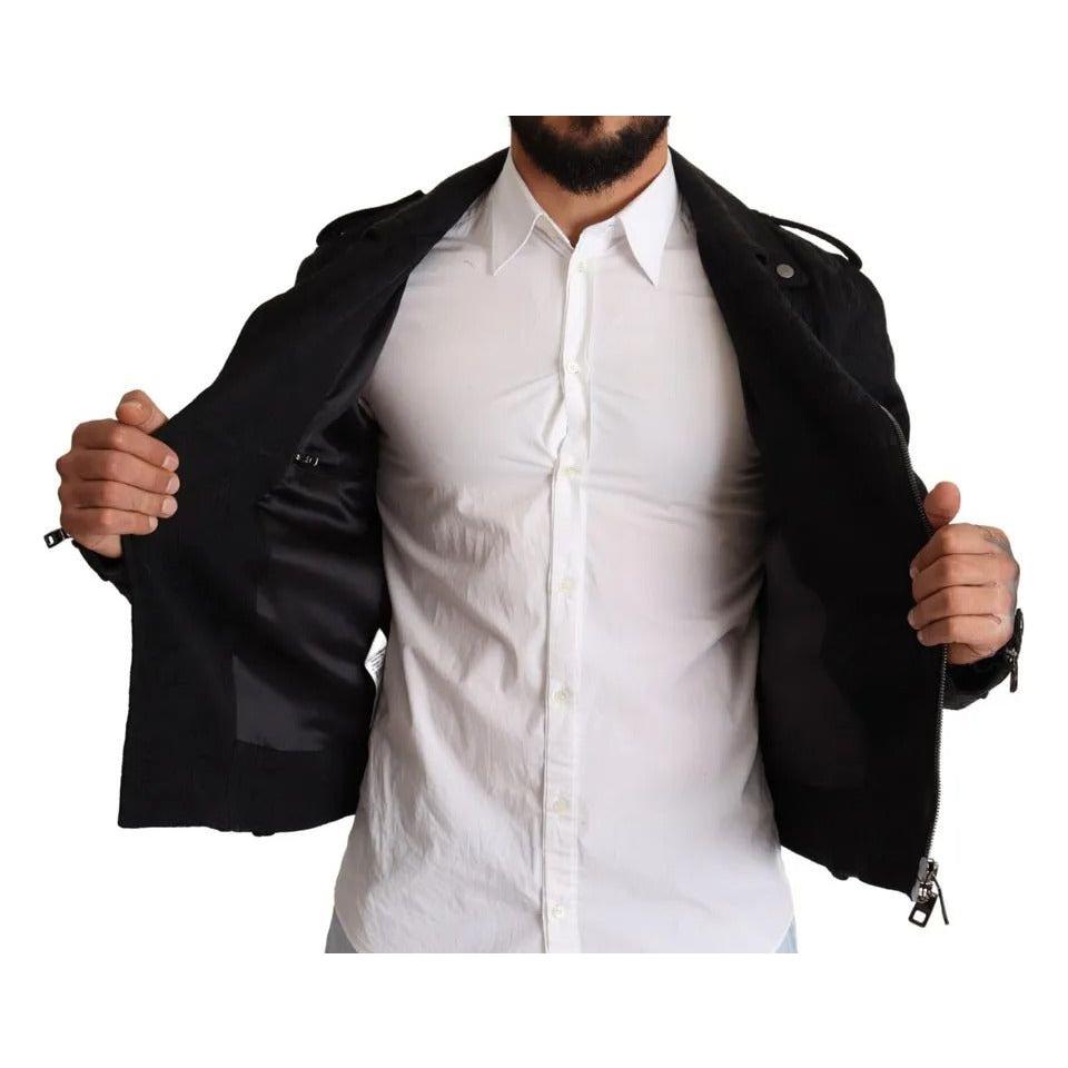 Dolce & Gabbana Black Brocade Full Zip Biker Coat Jacket JKT2906-48