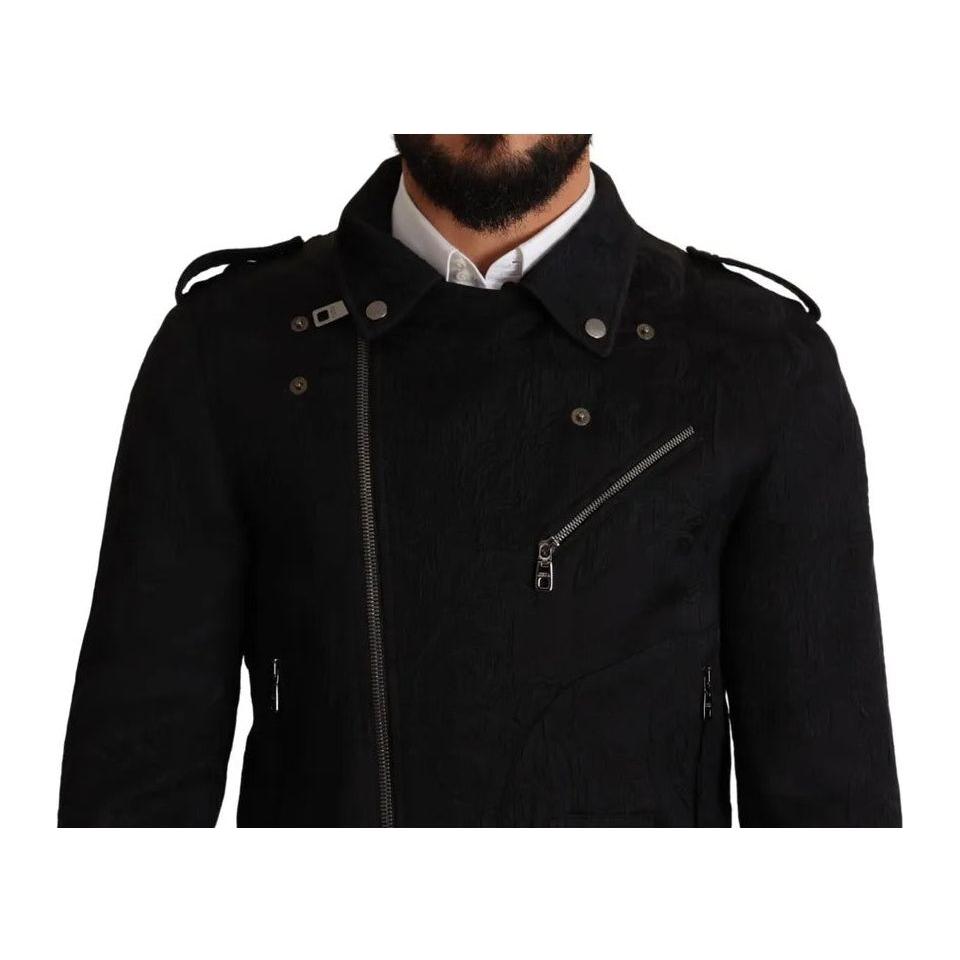 Dolce & Gabbana Black Brocade Full Zip Biker Coat Jacket JKT2906-48