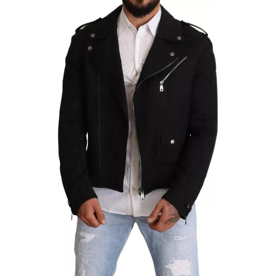 Dolce & Gabbana Black Brocade Full Zip Biker Coat Jacket JKT2906-48