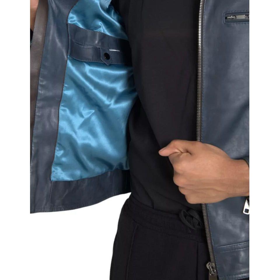 Dolce & Gabbana Blue Leather Full Zip Biker Blouson Jacket JKT4053-48