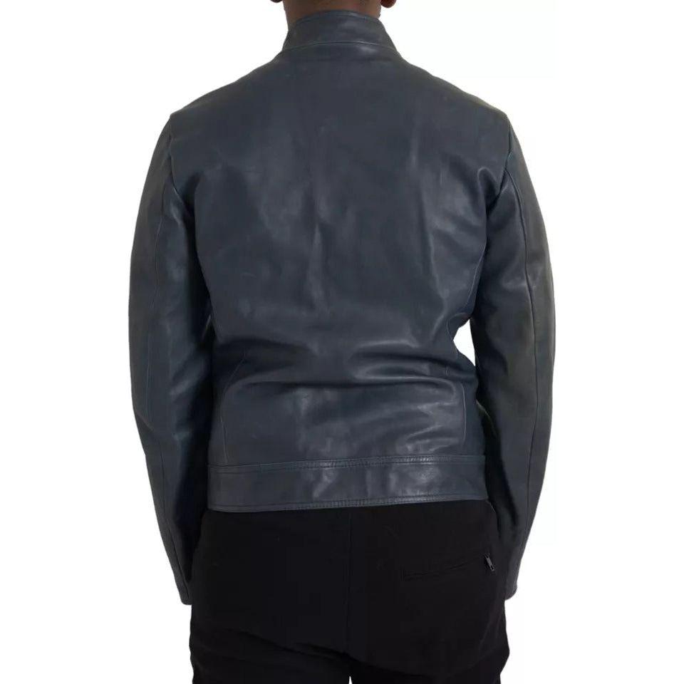 Dolce & Gabbana Blue Leather Full Zip Biker Blouson Jacket JKT4053-48