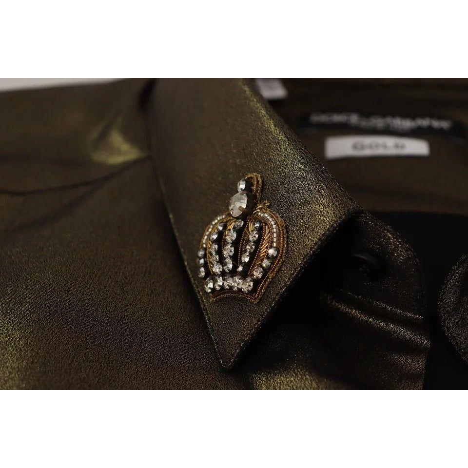 Dolce & Gabbana Metallic Gold DG Embroidered Crown Silk Top Shirt TSH7139-41