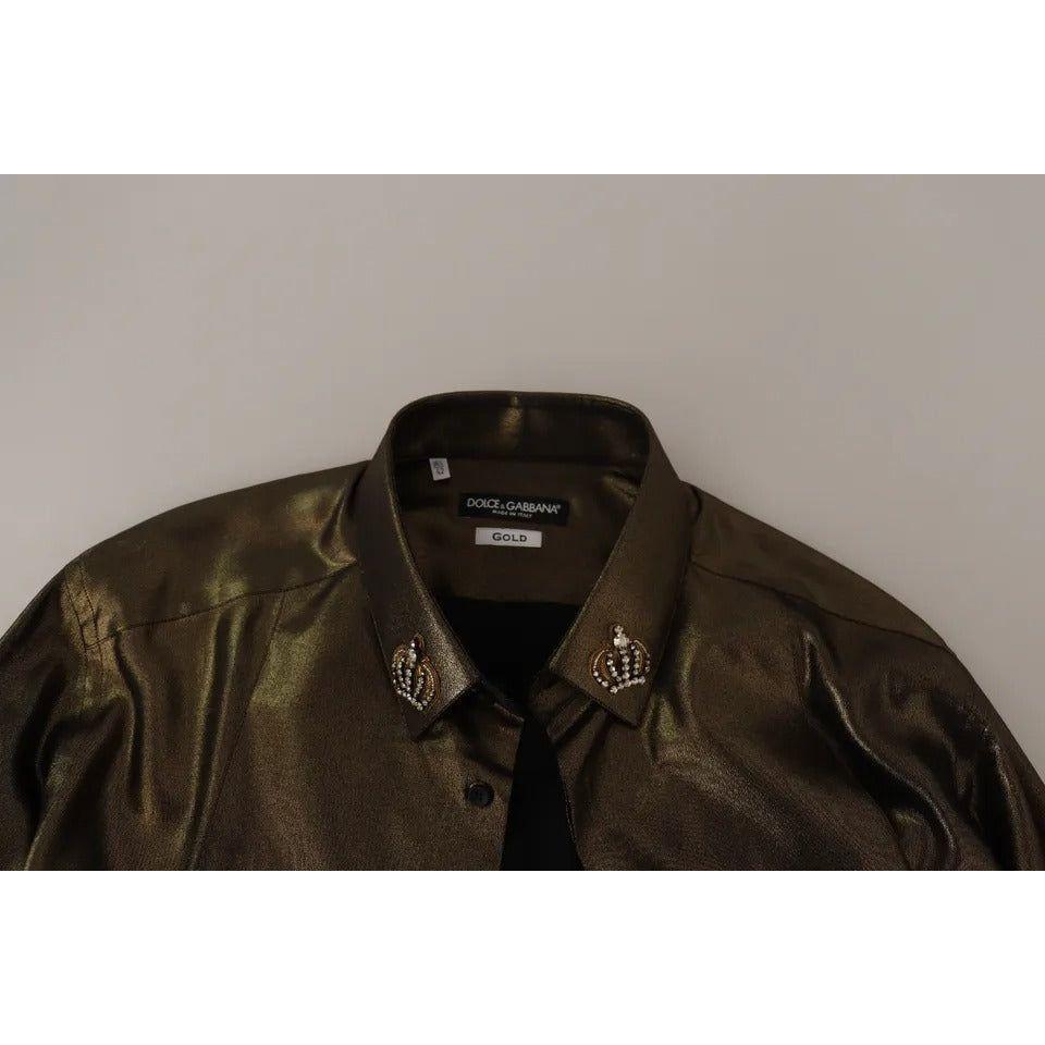 Dolce & Gabbana Metallic Gold DG Embroidered Crown Silk Top Shirt TSH7139-41