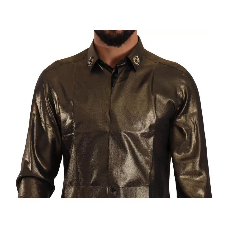 Dolce & Gabbana Metallic Gold DG Embroidered Crown Silk Top Shirt TSH7139-41