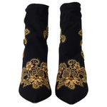 Dolce & Gabbana Black Gold Embroidery Slip On Boots Shoes LA10097-38.5