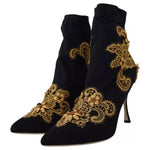 Dolce & Gabbana Black Gold Embroidery Slip On Boots Shoes LA10097-38.5