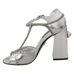 Dolce & Gabbana Silver Crystals T-strap Sandals Leather Shoes LA8001-36