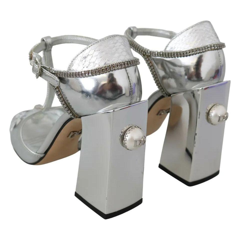 Dolce & Gabbana Silver Crystals T-strap Sandals Leather Shoes LA8001-36
