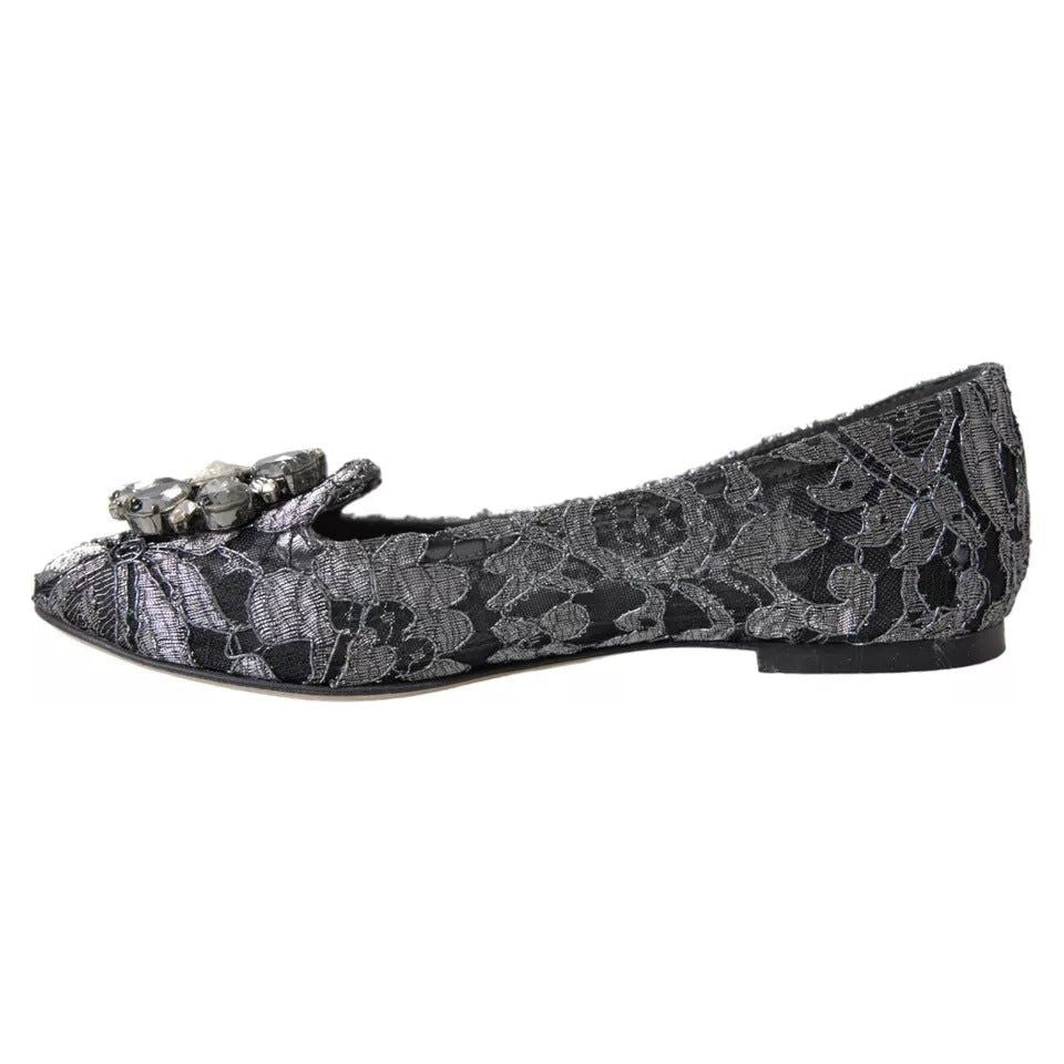 Dolce & Gabbana Gray Black Lace Crystal Ballet Loafers Shoes LA10882-35