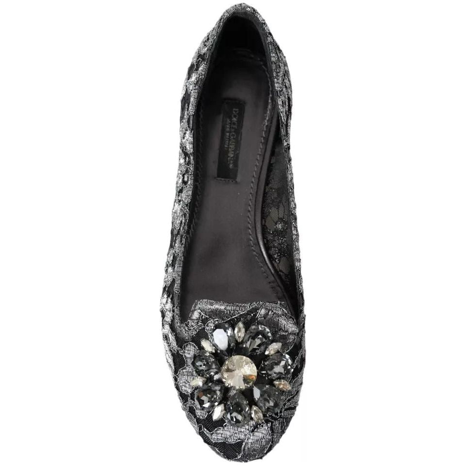 Dolce & Gabbana Gray Black Lace Crystal Ballet Loafers Shoes LA10882-35