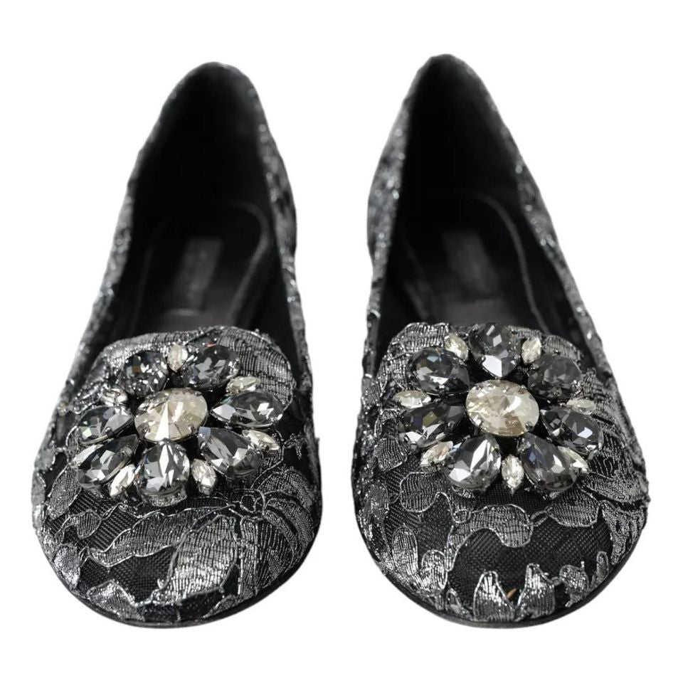 Dolce & Gabbana Gray Black Lace Crystal Ballet Loafers Shoes LA10882-35