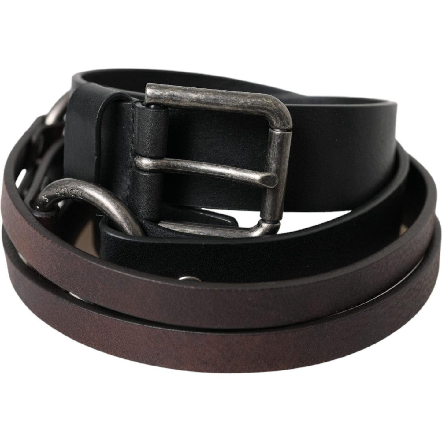 Dolce & Gabbana Black Brown Leather Silver Metal Buckle Belt BEL9193-100