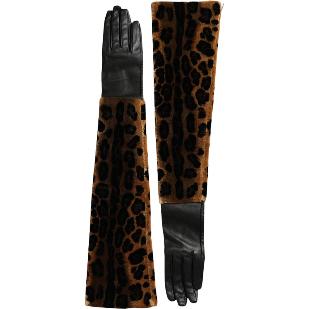 Dolce & Gabbana Brown Black Leopard Leather Elbow Length Gloves LB30140-6.5