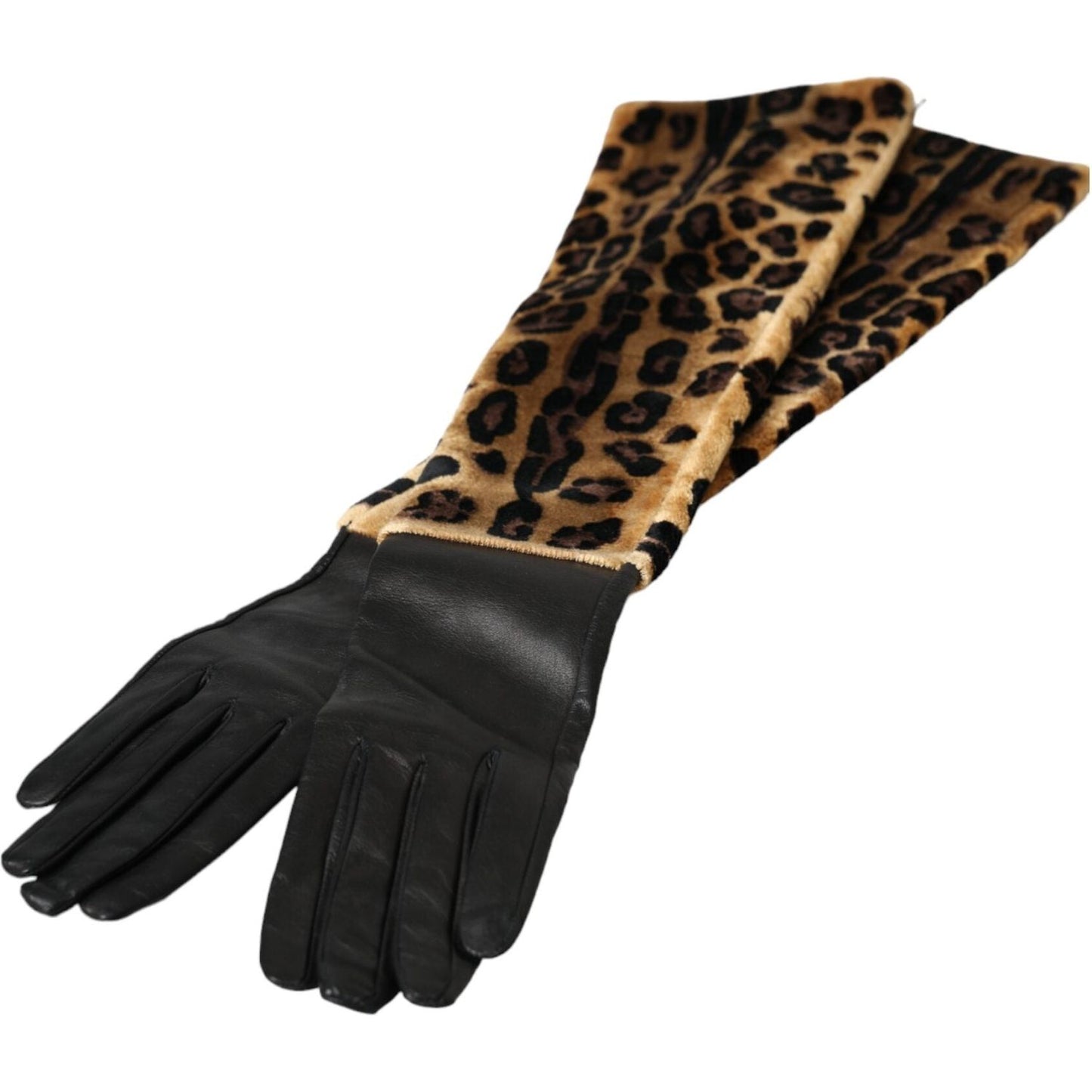 Dolce & Gabbana Brown Black Leopard Leather Elbow Length Gloves LB30140-6.5