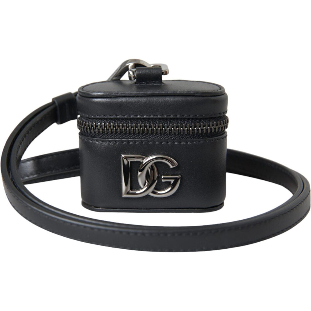 Dolce & Gabbana Black DG Logo Leather Silver Metal Airpods Case SMY10262