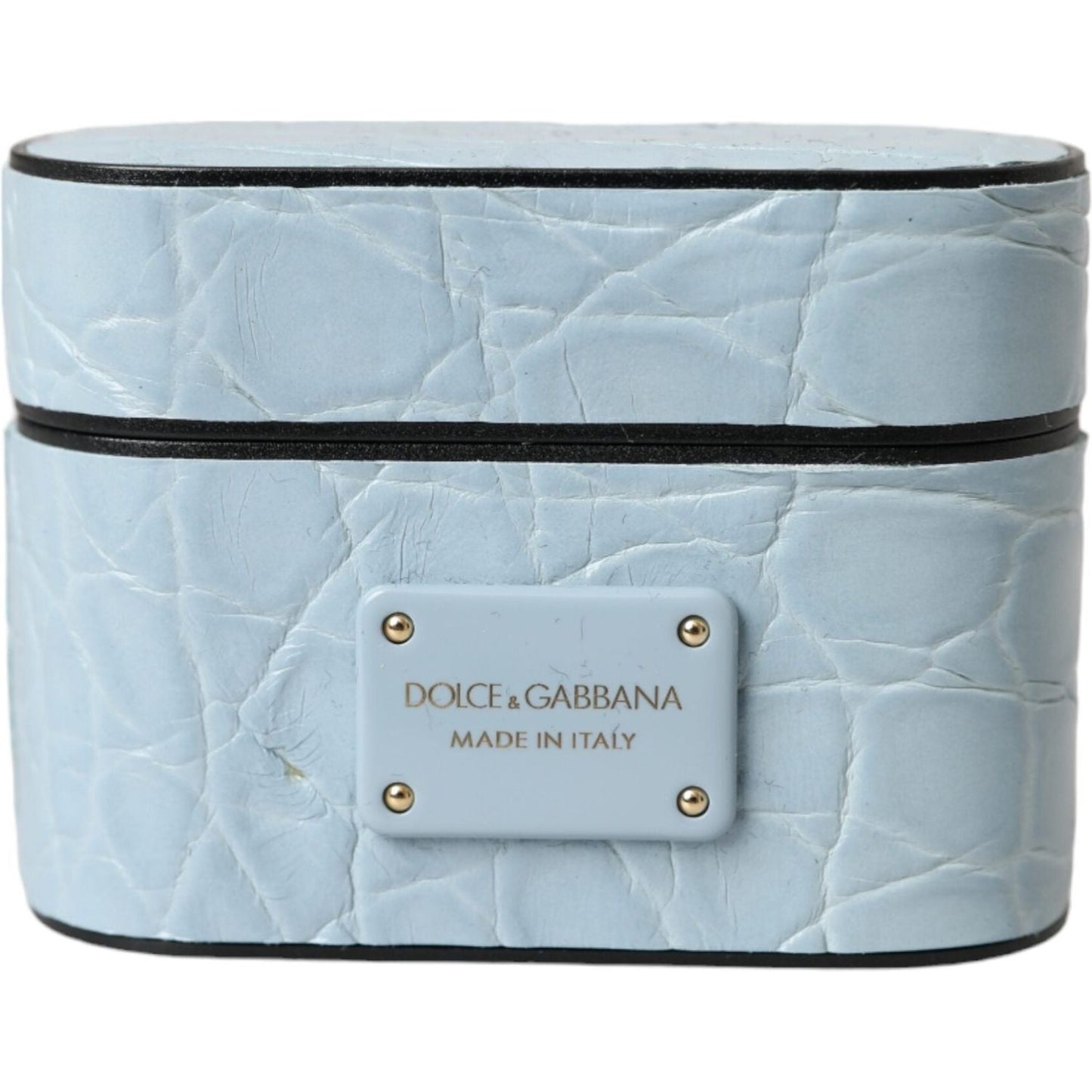 Dolce & Gabbana Light Blue Leather Metal Logo Plaque Airpods Case SMY10284