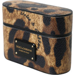 Dolce & Gabbana Brown Leopard Calf Leather Metal Logo Plaque Airpods Case SMY10285