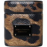 Dolce & Gabbana Brown Leopard Calf Leather Metal Logo Plaque Airpods Case SMY10286