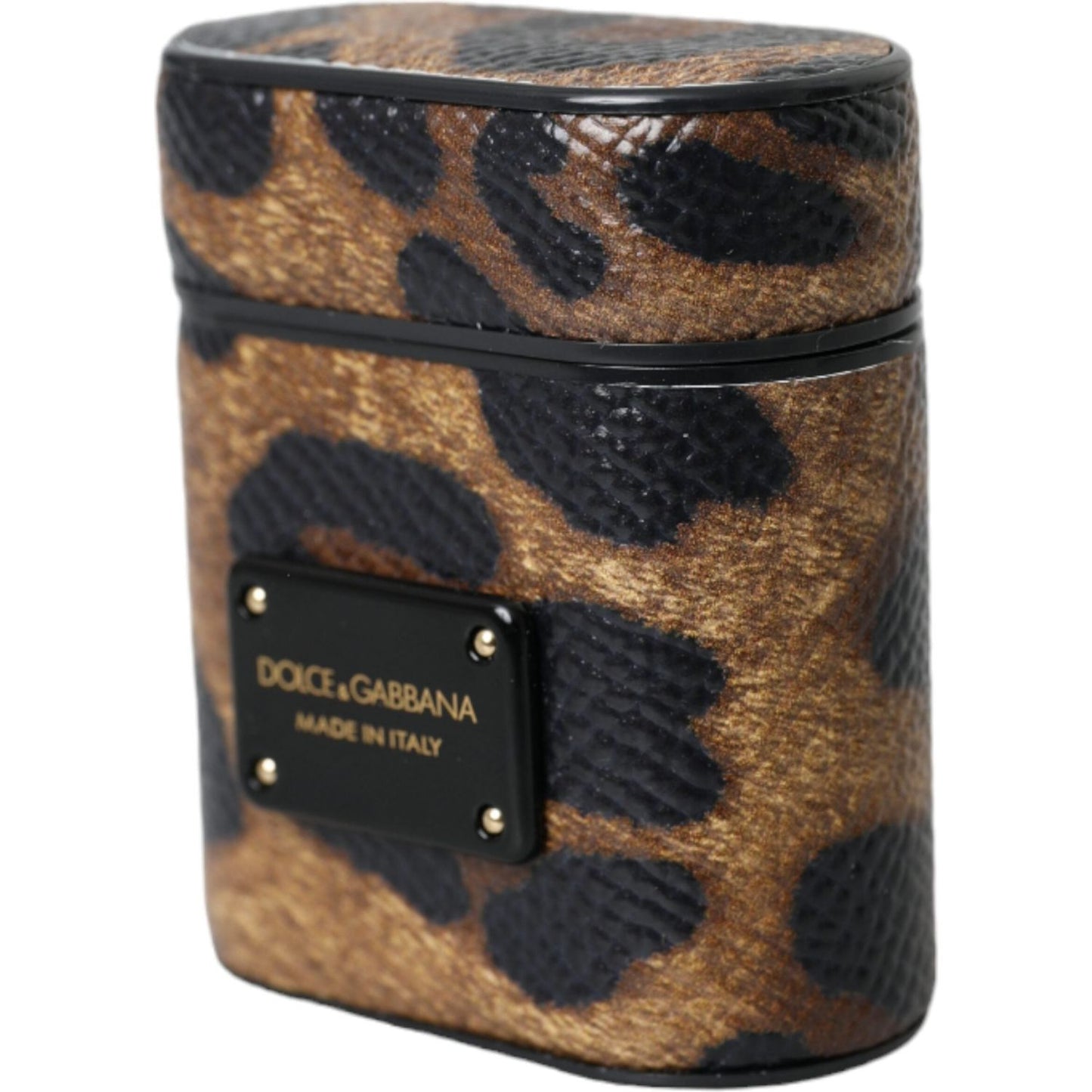 Dolce & Gabbana Brown Leopard Calf Leather Metal Logo Plaque Airpods Case SMY10286