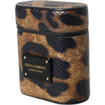 Dolce & Gabbana Brown Leopard Calf Leather Metal Logo Plaque Airpods Case SMY10286