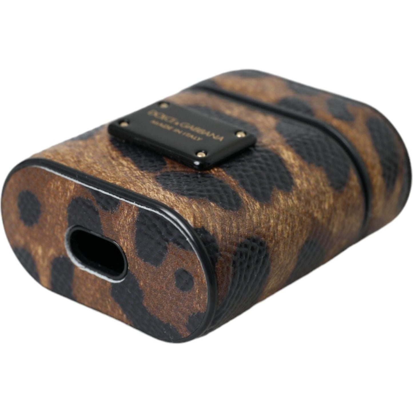 Dolce & Gabbana Brown Leopard Calf Leather Metal Logo Plaque Airpods Case SMY10286