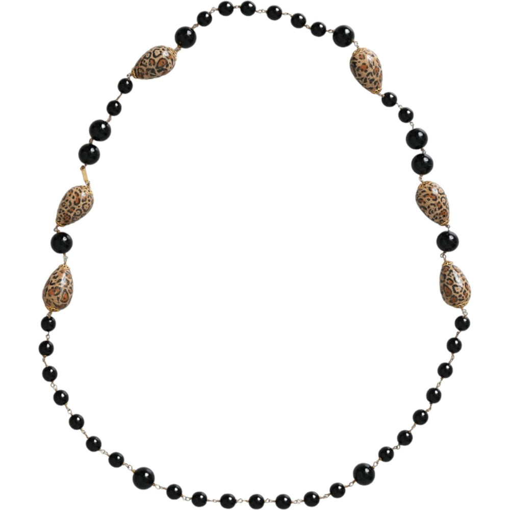 Dolce & Gabbana Gold Tone Brass Black Printed Beaded Long Chain Necklace SMY10293