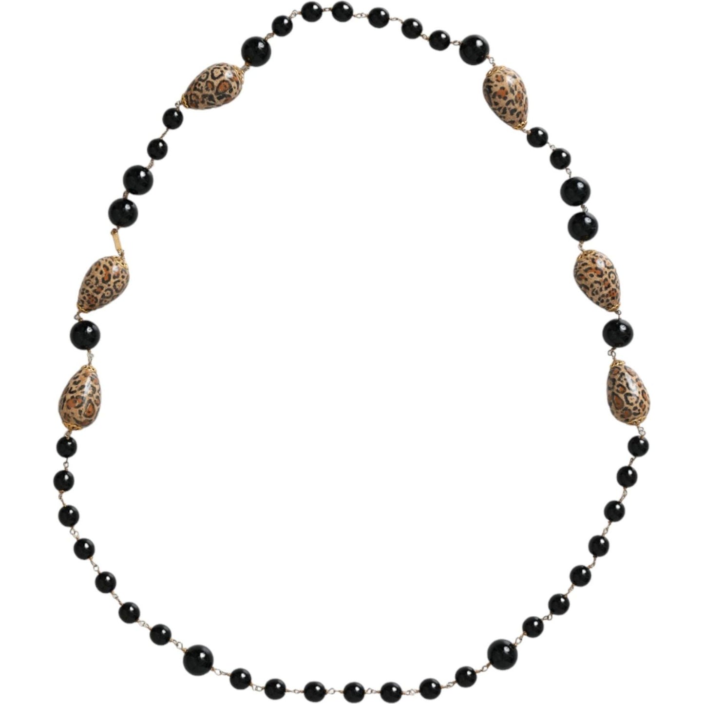 Dolce & Gabbana Gold Tone Brass Black Printed Beaded Long Chain Necklace SMY10293