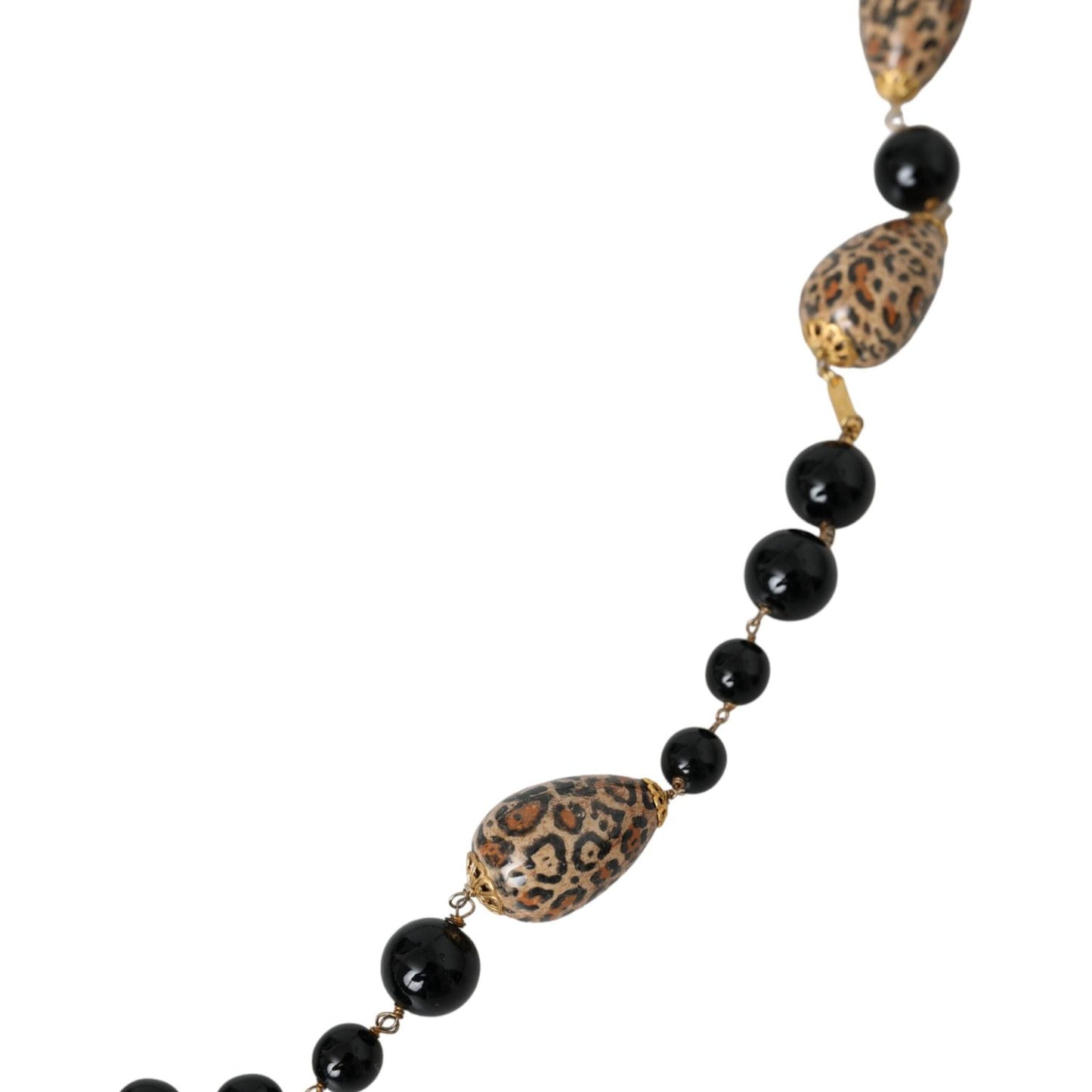 Dolce & Gabbana Gold Tone Brass Black Printed Beaded Long Chain Necklace SMY10293