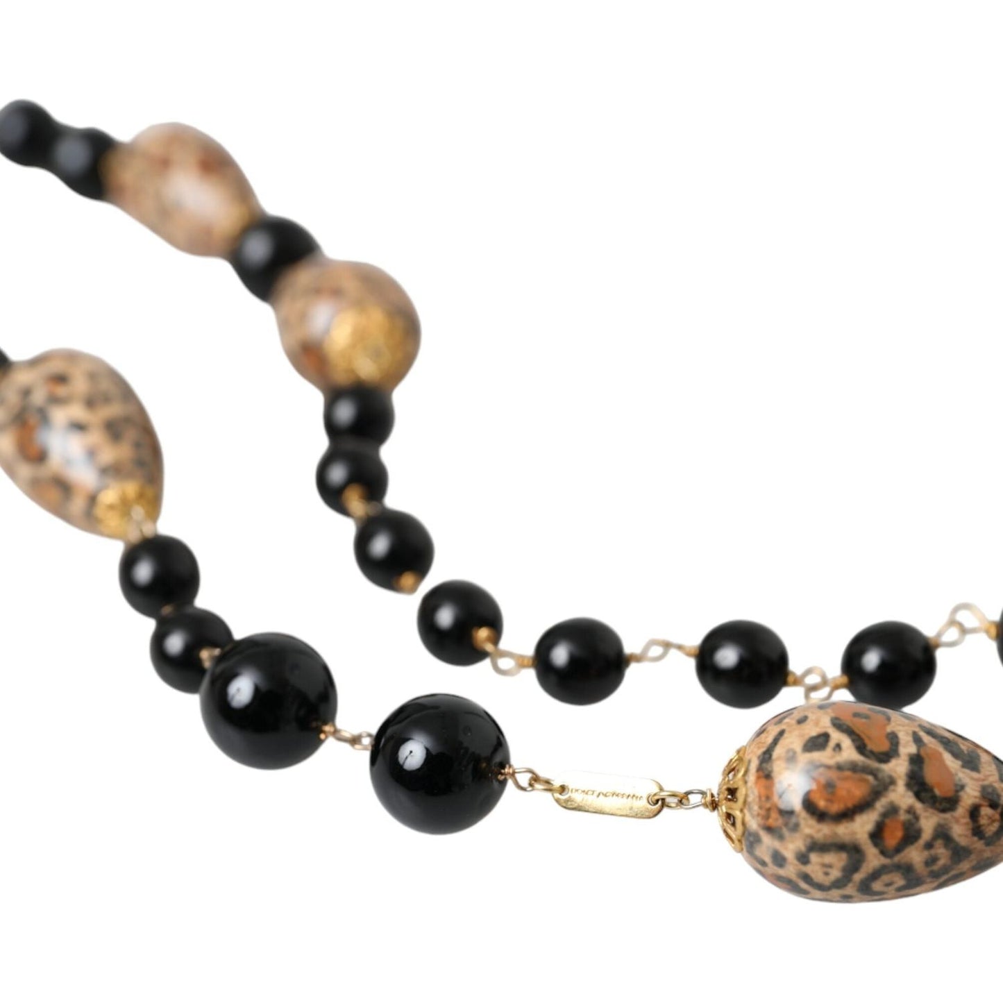 Dolce & Gabbana Gold Tone Brass Black Printed Beaded Long Chain Necklace SMY10293