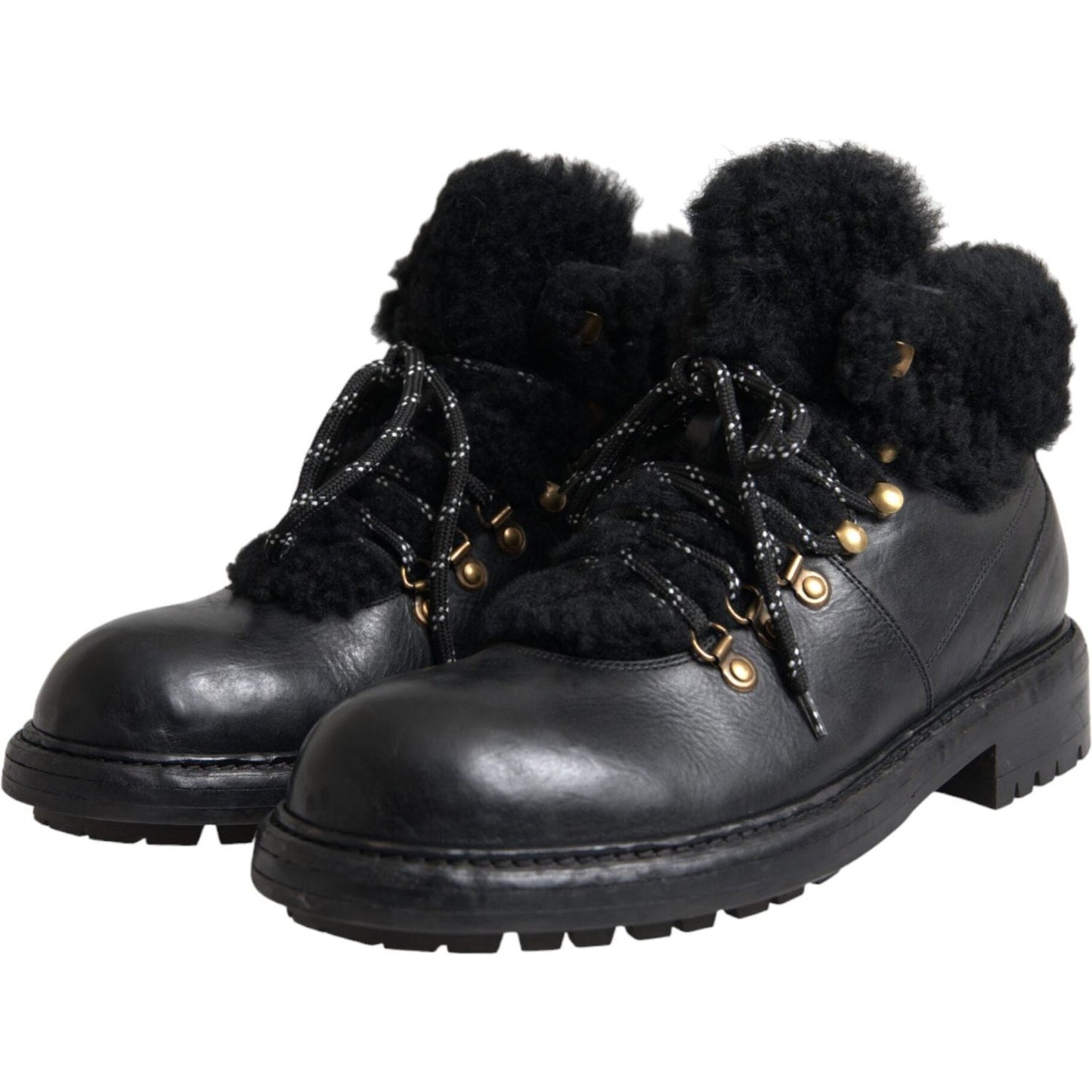Dolce & Gabbana Black Leather Bernini Shearling Boots Shoes MV5746-44