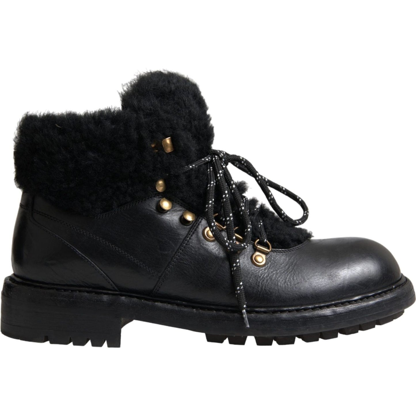 Dolce & Gabbana Black Leather Bernini Shearling Boots Shoes MV5746-44
