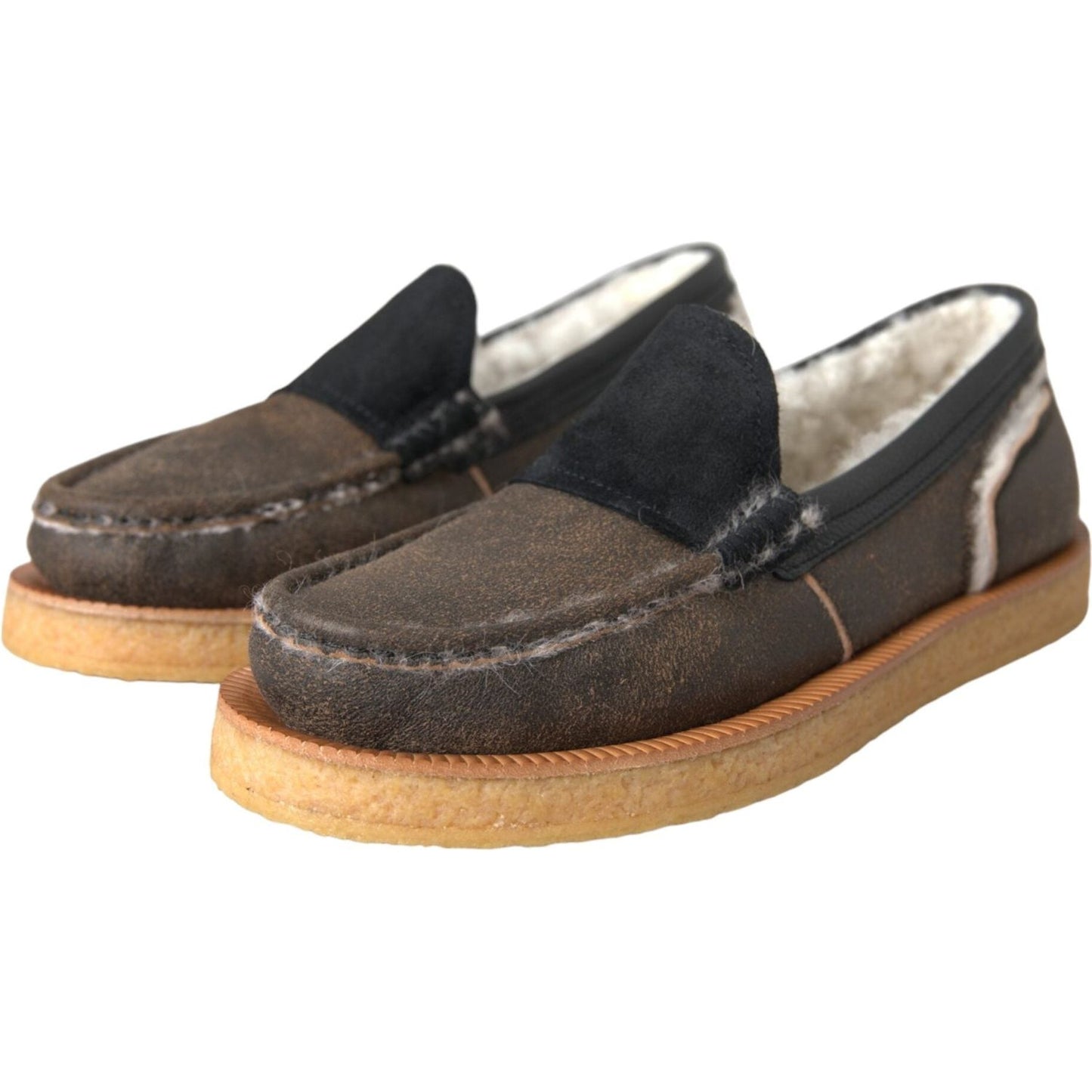 Dolce & Gabbana Brown Black Fur Leather Loafers Men Shoes MV5742-40.5