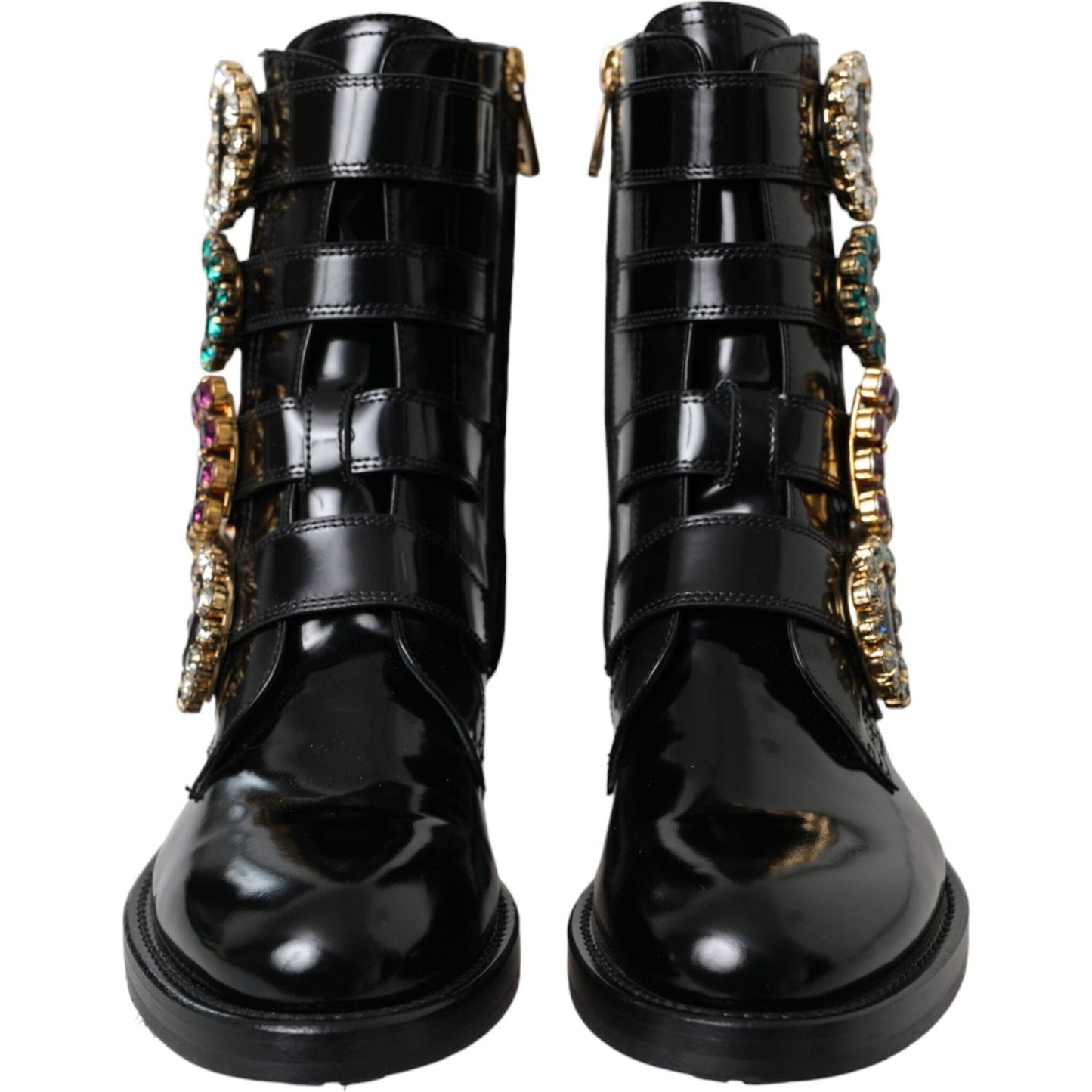 Dolce & Gabbana Black Leather Crystal Buckles Boots Shoes LA11043-35