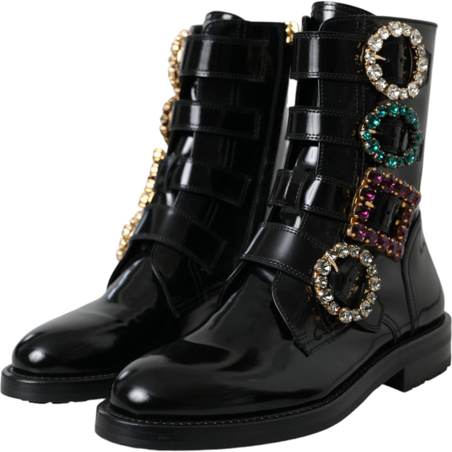 Dolce & Gabbana Black Leather Crystal Buckles Boots Shoes LA11043-35