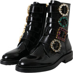 Dolce & Gabbana Black Leather Crystal Buckles Boots Shoes LA11043-35