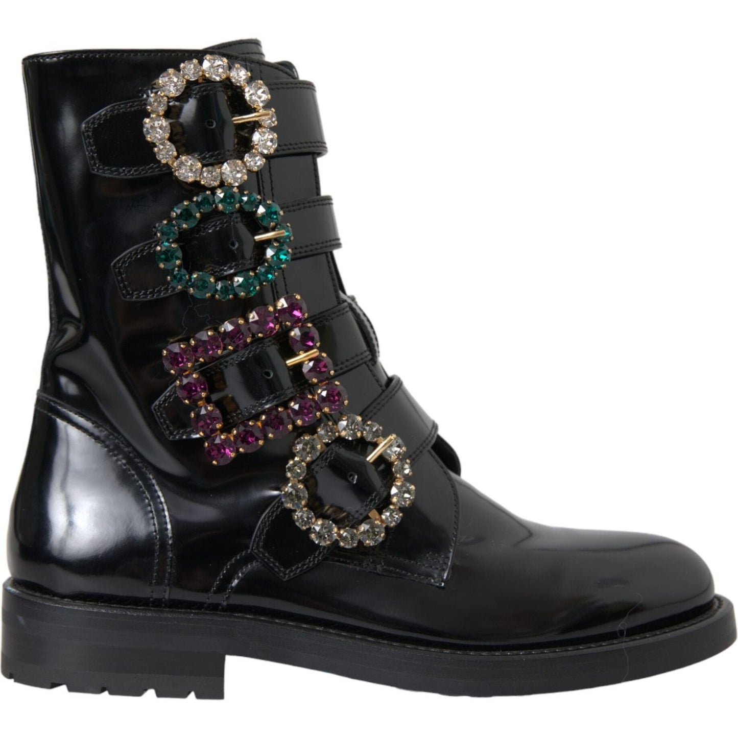Dolce & Gabbana Black Leather Crystal Buckles Boots Shoes LA11043-35