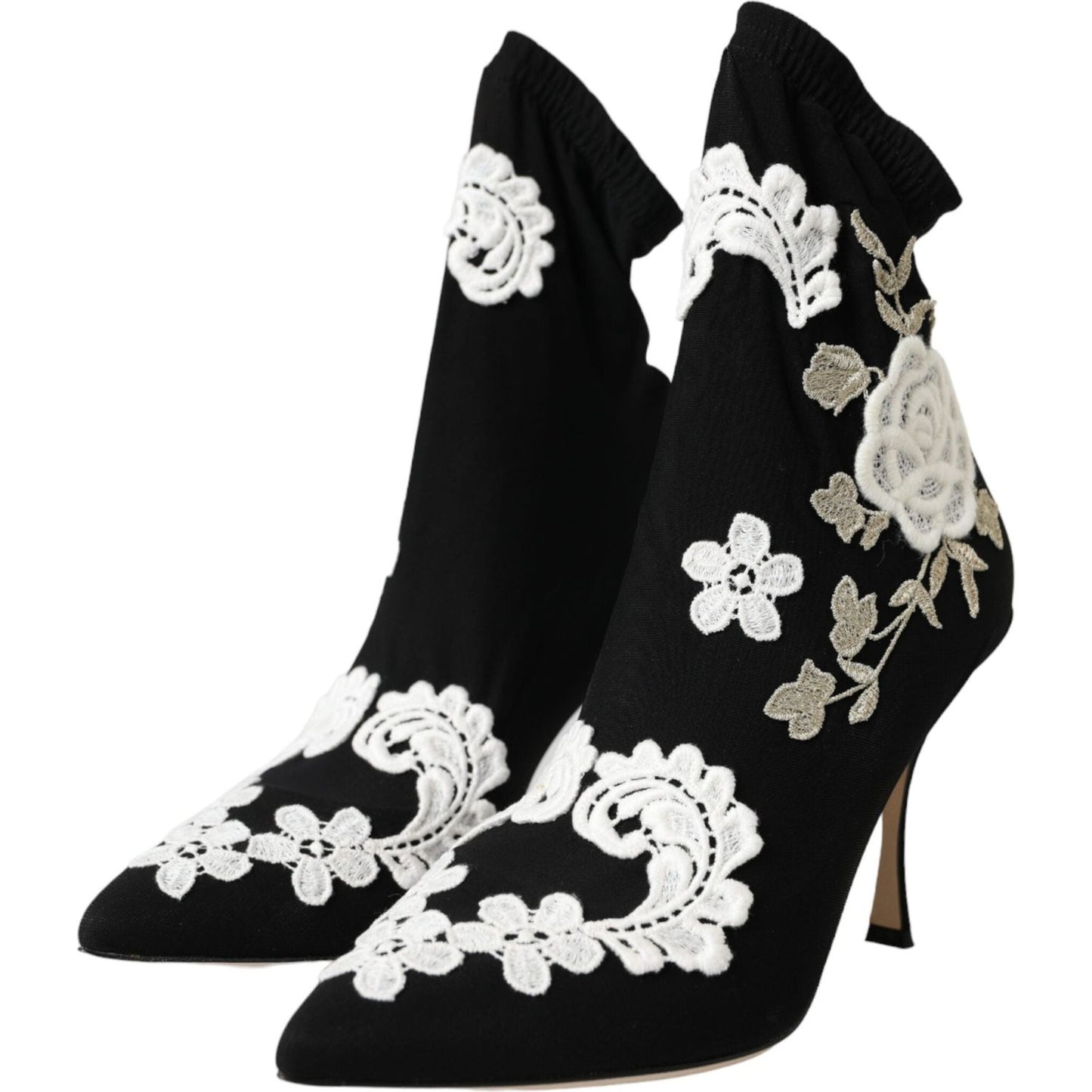 Dolce & Gabbana Black White Embroidery Slip On Boots Shoes LA11094-35