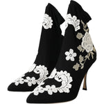 Dolce & Gabbana Black White Embroidery Slip On Boots Shoes LA11094-35