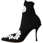 Dolce & Gabbana Black White Embroidery Slip On Boots Shoes LA11094-35